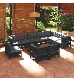 Salon de jardin 11 pcs avec coussins Noir Bois de pin solide