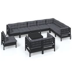 Salon de jardin 11 pcs avec coussins Noir Bois de pin solide