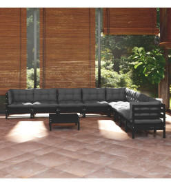 Salon de jardin 10 pcs avec coussins Noir Bois de pin solide
