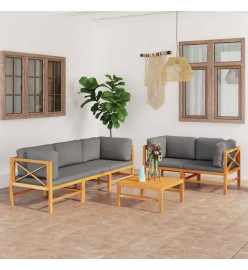Salon de jardin 6 pcs avec coussins gris Bois de teck solide