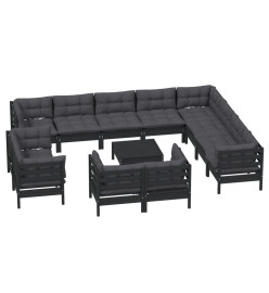 Salon de jardin 13 pcs avec coussins Noir Bois de pin solide