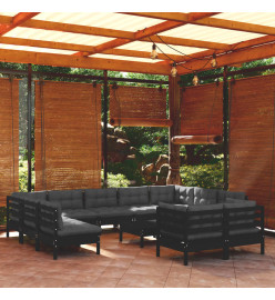 Salon de jardin 12 pcs avec coussins Noir Bois de pin solide