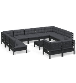 Salon de jardin 12 pcs avec coussins Noir Bois de pin solide