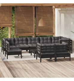 Salon de jardin 10 pcs avec coussins Noir Bois de pin massif