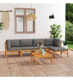 Salon de jardin 6 pcs avec coussins gris Bois de teck solide
