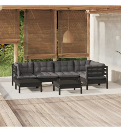 Salon de jardin 7 pcs avec coussins Noir Bois de pin massif
