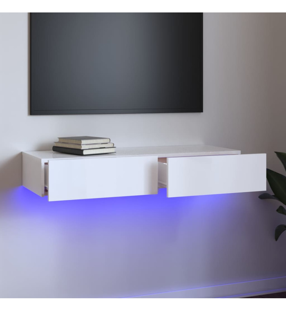 Meuble TV avec lumières LED Blanc brillant 90x35x15,5 cm