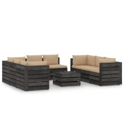 Salon de jardin 9 pcs avec coussins Bois imprégné de gris