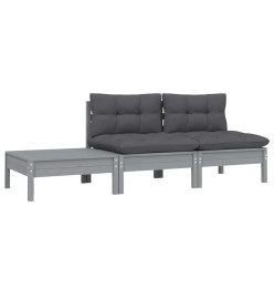 Salon de jardin 3 pcs avec coussins Gris Bois de pin massif