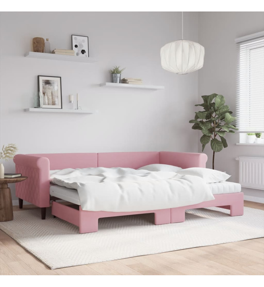 Lit de jour avec gigogne et matelas rose 90x200 cm velours Lit de jour avec gigogne et matelas rose 90x200 cm velours