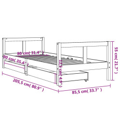 Cadre de lit enfant tiroirs noir 80x200 cm bois de pin massif