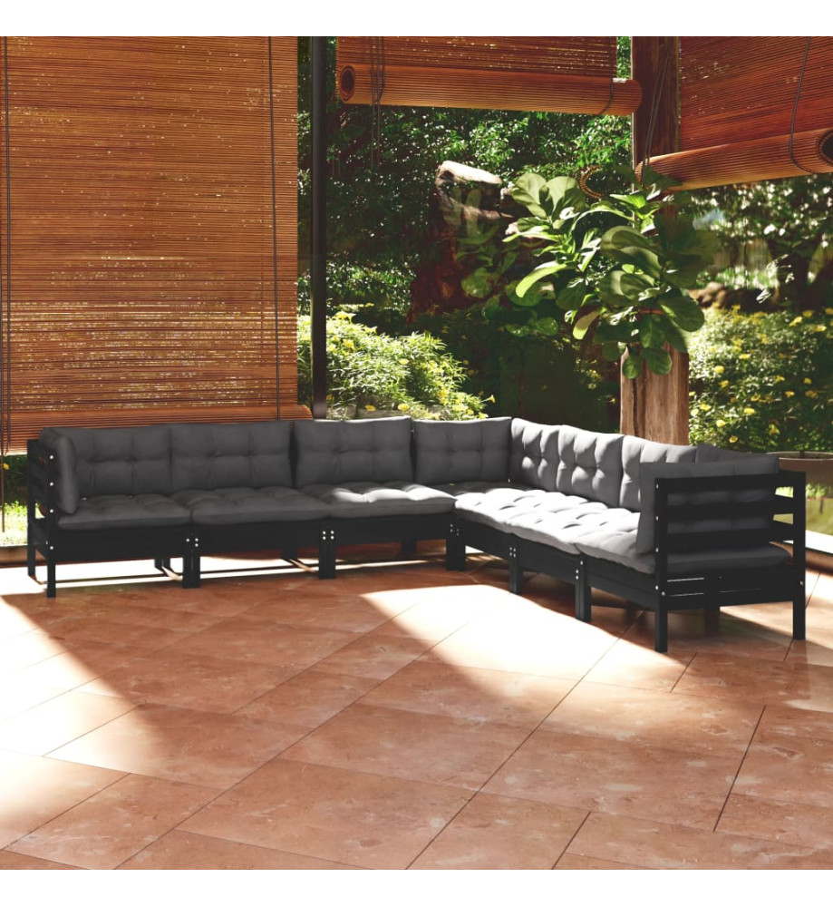 Salon de jardin 7 pcs avec coussins Noir Bois de pin solide Salon de jardin 7 pcs avec coussins Noir Bois de pin solide