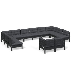 Salon de jardin 12 pcs avec coussins Noir Bois de pin massif