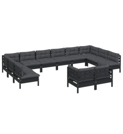 Salon de jardin 12 pcs avec coussins Noir Bois de pin massif