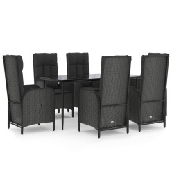 Ensemble à dîner de jardin et coussins 7pcs Noir Résine tressée