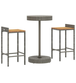Ensemble de bar jardin 3 pcs gris poly rotin/bois massif acacia