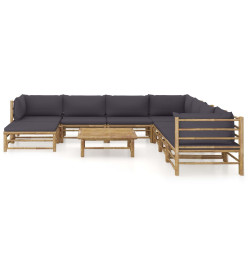 Salon de jardin 9 pcs avec coussins gris foncé Bambou