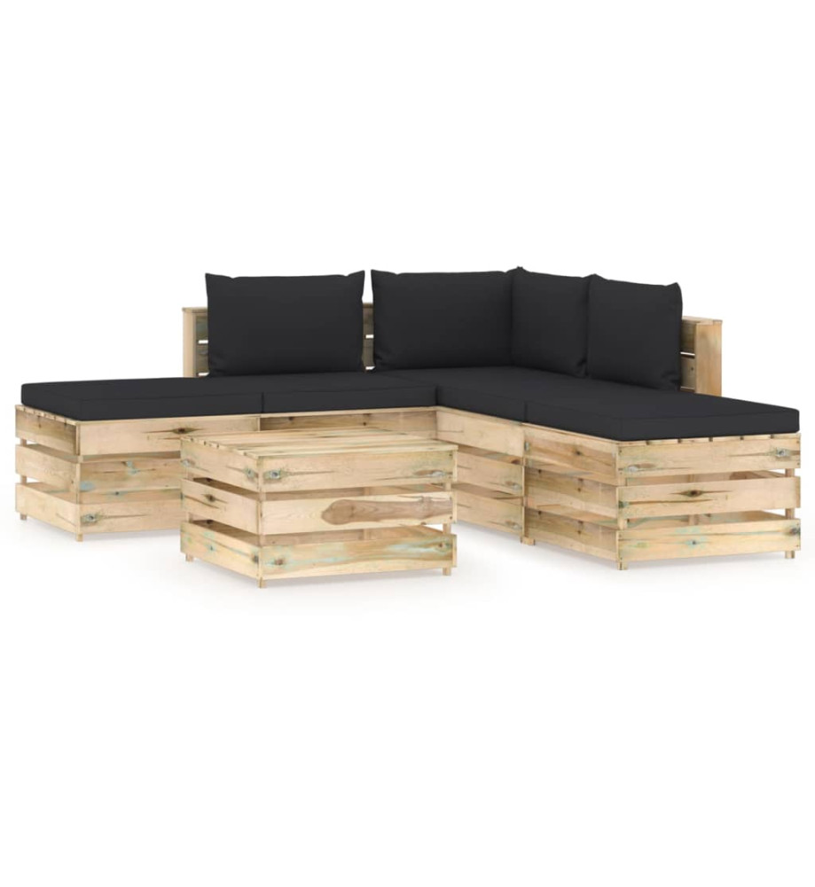 Salon de jardin 6 pcs avec coussins Bois imprégné de vert Salon de jardin 6 pcs avec coussins Bois imprégné de vert