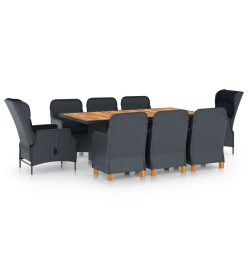 Mobilier à dîner 9 pcs avec coussins Résine tressée Gris foncé