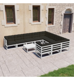 Salon de jardin 11 pcs avec coussins Blanc Bois de pin massif