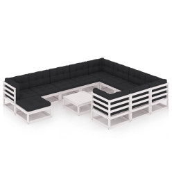 Salon de jardin 12 pcs avec coussins Blanc Bois de pin massif