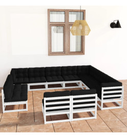 Salon de jardin 12 pcs avec coussins Blanc Bois de pin massif