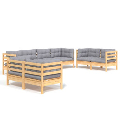 Salon de jardin 8 pcs avec coussins gris Bois de pin massif