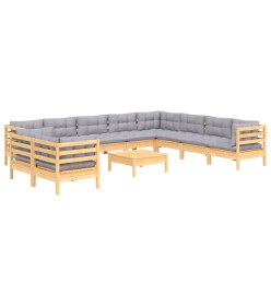Salon de jardin 11 pcs avec coussins gris Bois de pin solide