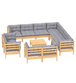Salon de jardin 12 pcs avec coussins gris Bois de pin solide