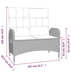 Banc de jardin inclinable avec coussins 107 cm Poly rotin Noir
