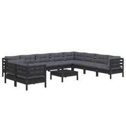 Salon de jardin 11 pcs avec coussins Noir Bois de pin solide