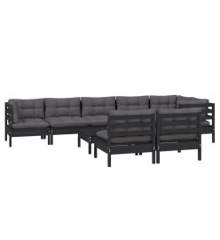 Salon de jardin 9 pcs avec coussins Noir Bois de pin massif