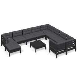 Salon de jardin 11 pcs avec coussins Noir Bois de pin