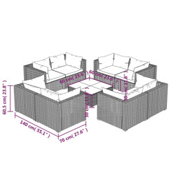 Salon de jardin 9 pcs avec coussins Résine tressée Gris