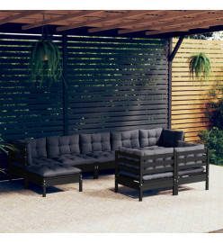 Salon de jardin 9 pcs avec coussins Noir Bois de pin solide