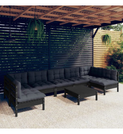 Salon de jardin 8 pcs avec coussins Noir Bois de pin massif