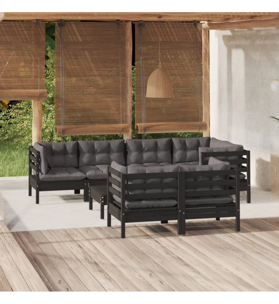 Salon de jardin 8 pcs avec coussins Noir Bois de pin massif Salon de jardin 8 pcs avec coussins Noir Bois de pin massif