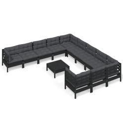 Salon de jardin 12 pcs avec coussins Noir Bois de pin