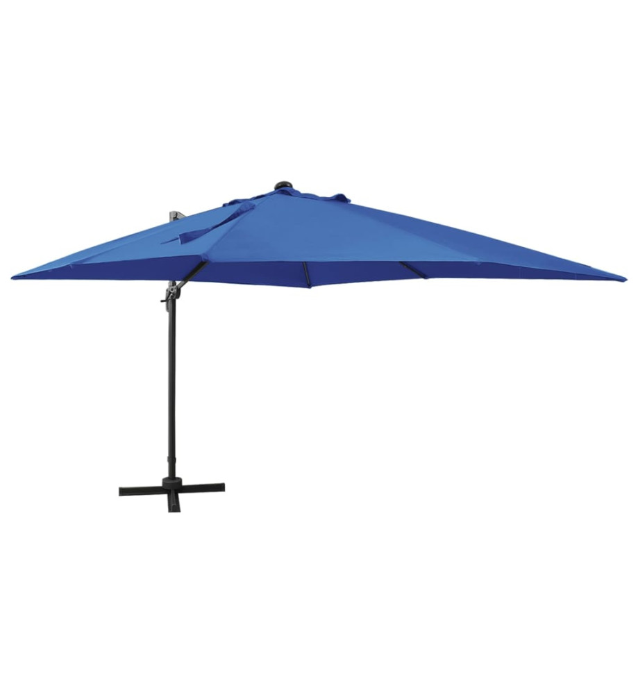 Parasol déporté avec mât et lumières LED Bleu azur 300 cm