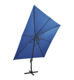 Parasol déporté avec mât et lumières LED Bleu azur 300 cm