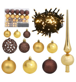 Set de boules de Noël avec pic et 150 LED 61 pcs Doré et bronze
