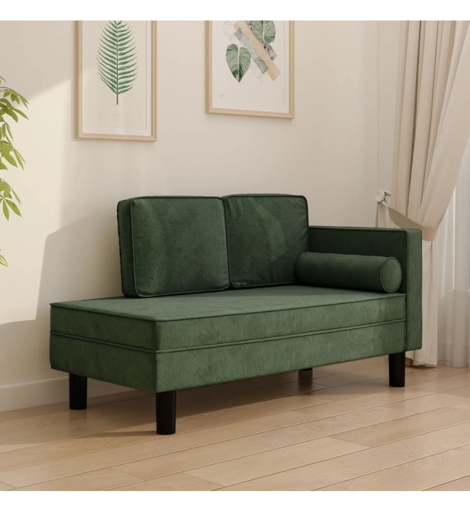 Chaise longue avec coussins et traversin vert foncé velours