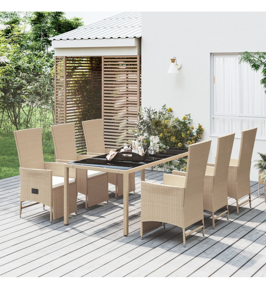 Ensemble à dîner de jardin avec coussins 7 pcs beige poly rotin