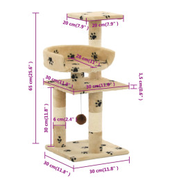 Arbre à chat et griffoirs en sisal 65 cm Beige Motif de pattes