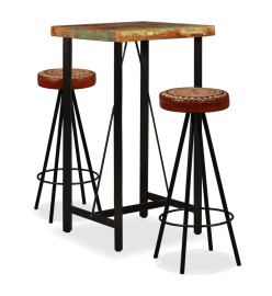 Ensemble de bar 3 pcs Bois de récupération Cuir véritable et toile