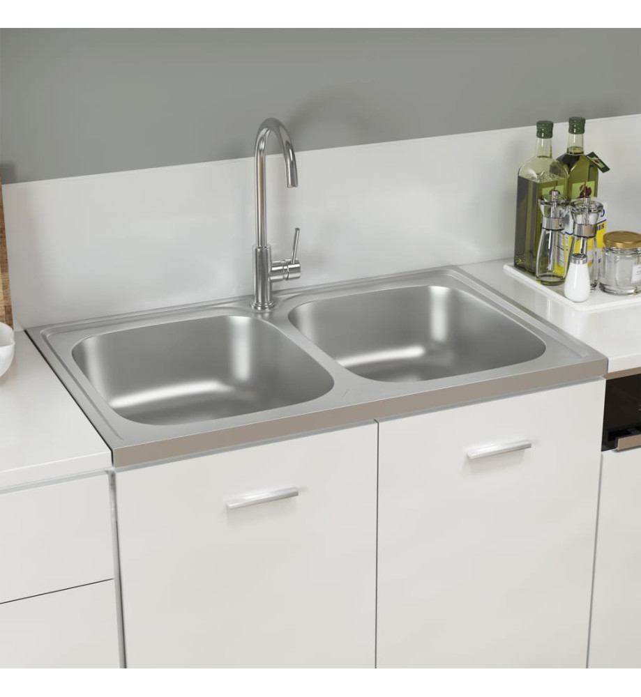 Évier de cuisine à double lavabo argenté 800x500x155 mm inox