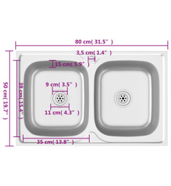 Évier de cuisine à double lavabo argenté 800x500x155 mm inox