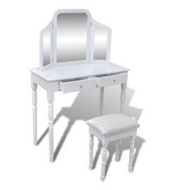 Coiffeuse avec miroir et tabouret 2 tiroirs Blanc