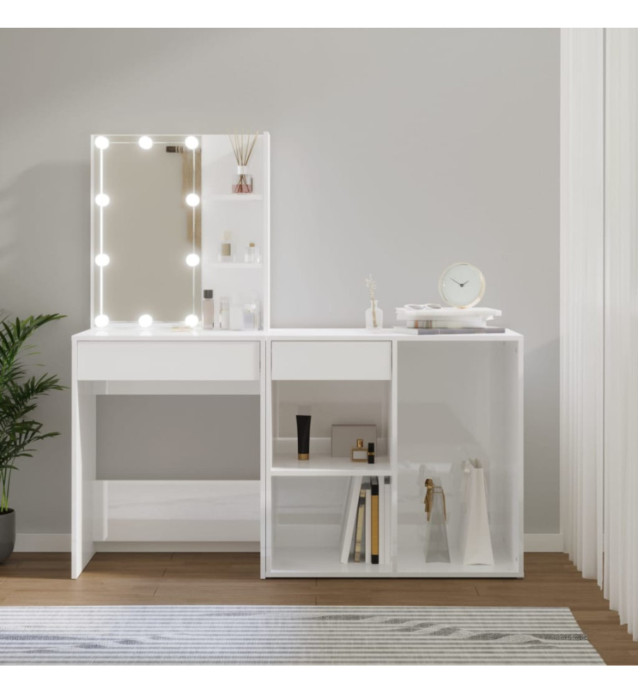 Coiffeuse à LED avec armoire Blanc brillant Bois d'ingénierie