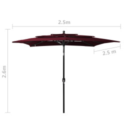 Parasol à 3 niveaux avec mât en aluminium Bordeaux 2,5x2,5 m